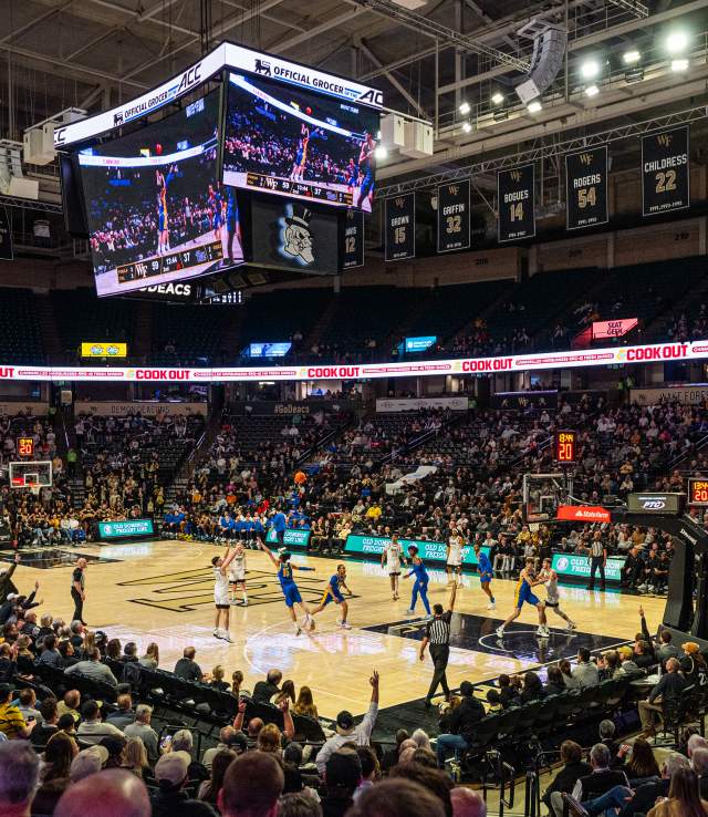 A wide shot of LJVM Coliseum as Parker Freidrichsen takes a shot against Pitt in February 2024