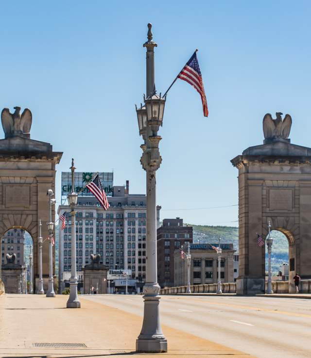 The east side of the Market Street Bridge with the Wilkes-Barre skyline in the distance