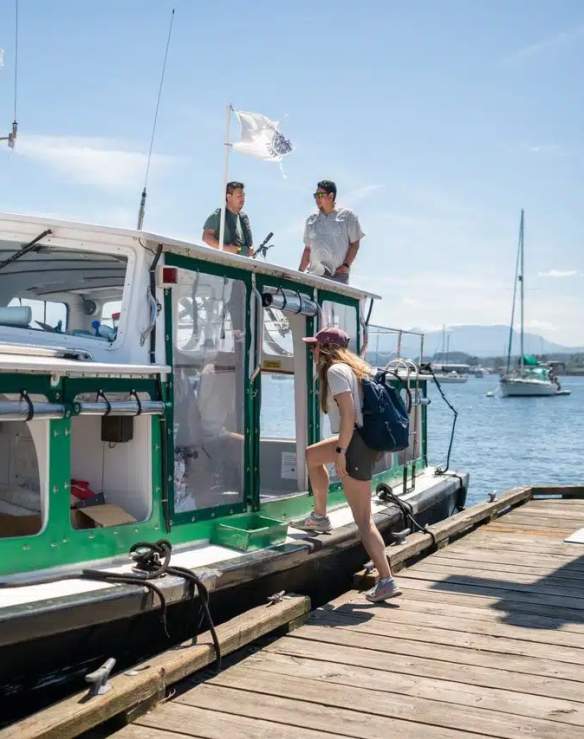 A person boarding a small ferry.