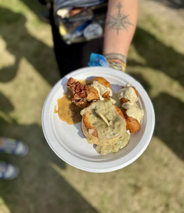 Patton's Caterers Combo Plate featuring Crawfish Sack, Oyster Patty and Shrimp Beignets - Jazz Fest