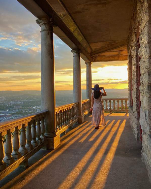 Woman looking out at the view at the pagoda