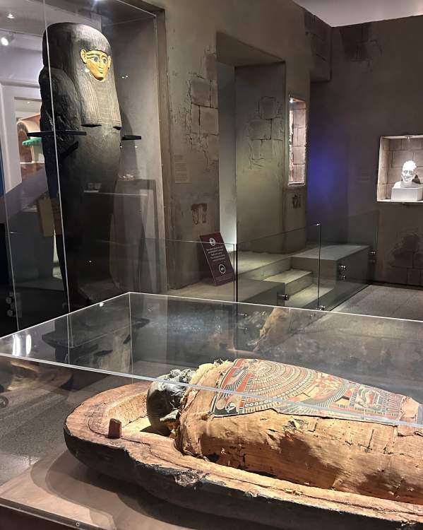 Reading Public Museum's mummy, Nefrina, lies in an open sarcophagus enclosed in glass.