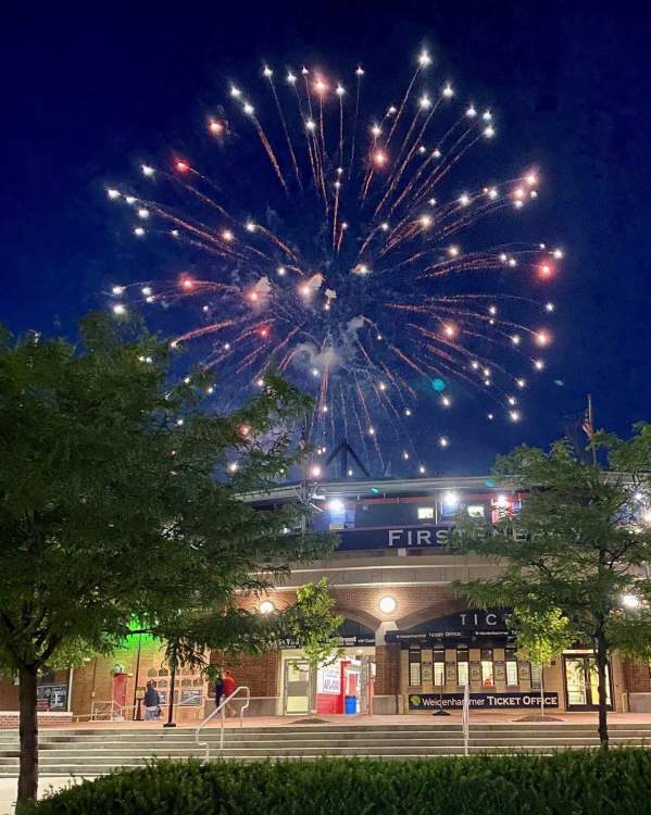 Colorful fireworks explode above FirstEnergy ballpark.
