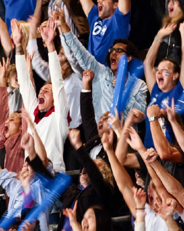 Excited crowd at a sporting event are standing to cheer.