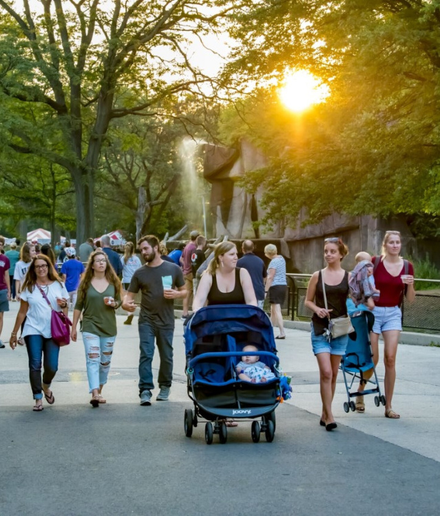Visitors stroll through the Milwaukee County Zoo during a summer evening event, with the sun setting behind trees and a fountain in the background.
