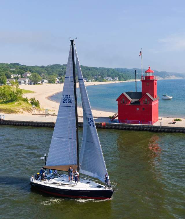 Sailboat in channel