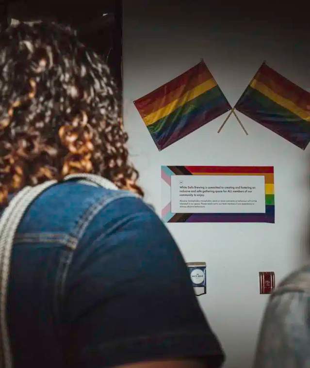 Two people looking at pride flags.
