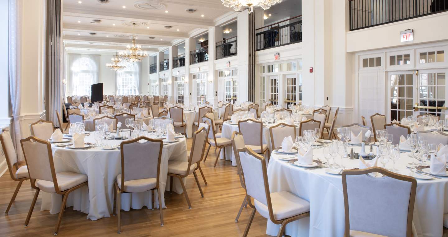Ballroom with set tables at the Yorktowne Hotel