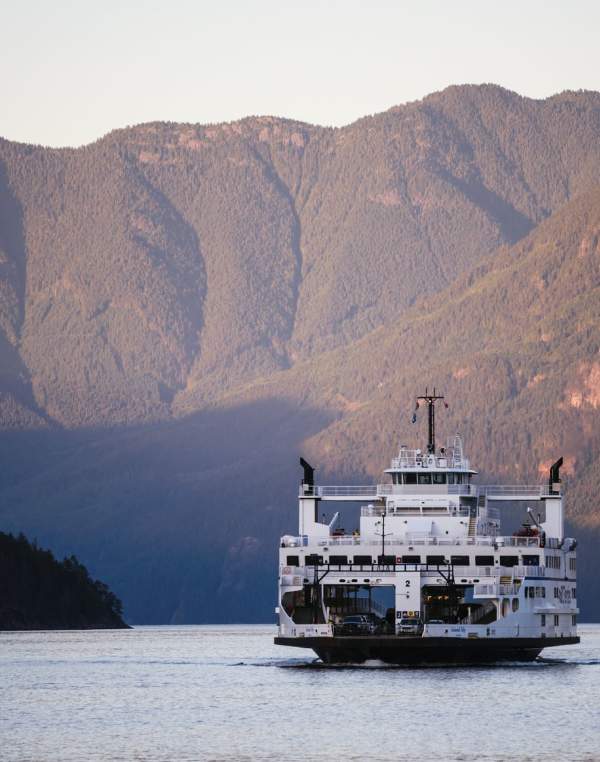 A BC Ferries vessel approaches the ferry terminal.