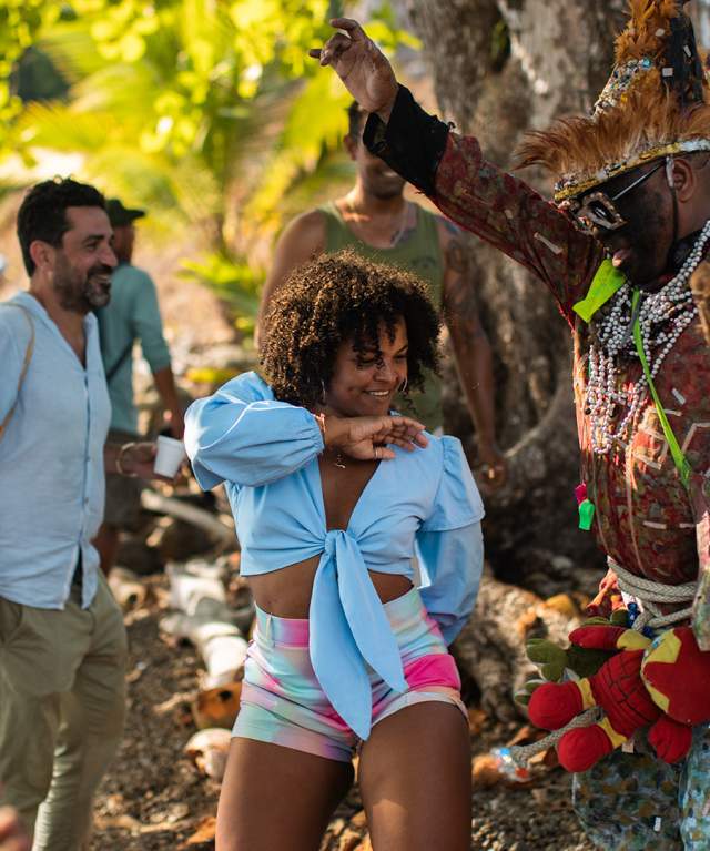Dancing with congos, afro music outside of Fuerte San Fernando in Portobelo
