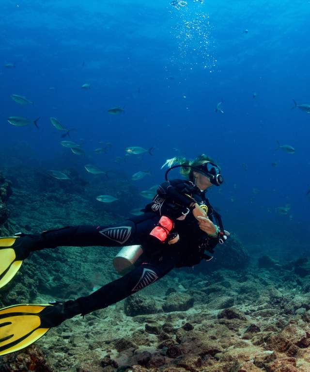 Buzo explorando arrecifes de coral en el Parque Nacional Coiba, santuario marino del Pacífico panameño.