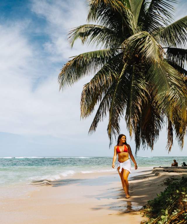 Woman walks by the shore, palm tree and blue sky.