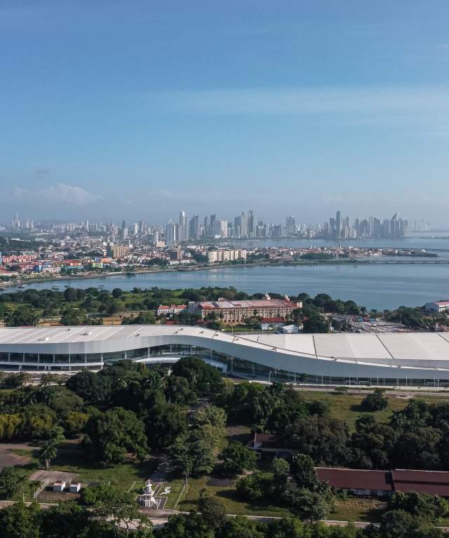 Aerial view of a modern convention center in Panama City, Panama. Free Venue for your event