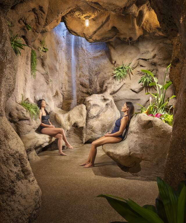 Two women relaxing in grotto at Glen Ivy Hot Springs in Corona, CA