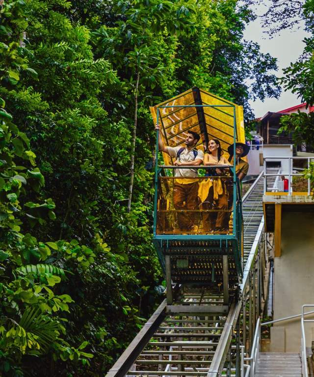 Tourists on a cable car surrounded by tropical rainforest in Barro Colorado, Panama