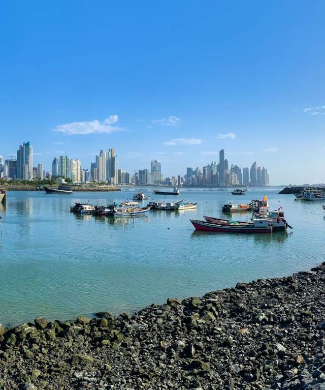 Fishing boats, sunny day with Panama City skyline in the background