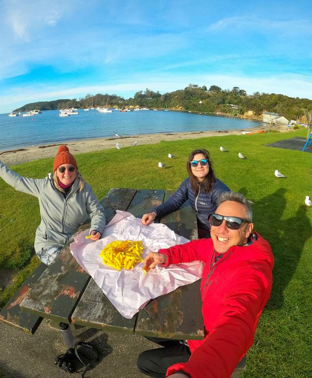 Eating Fish n Chips in Stewart Island