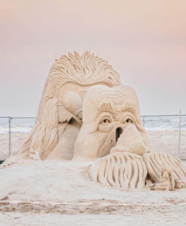 Sand sculpture in three rows that depicts Einstein