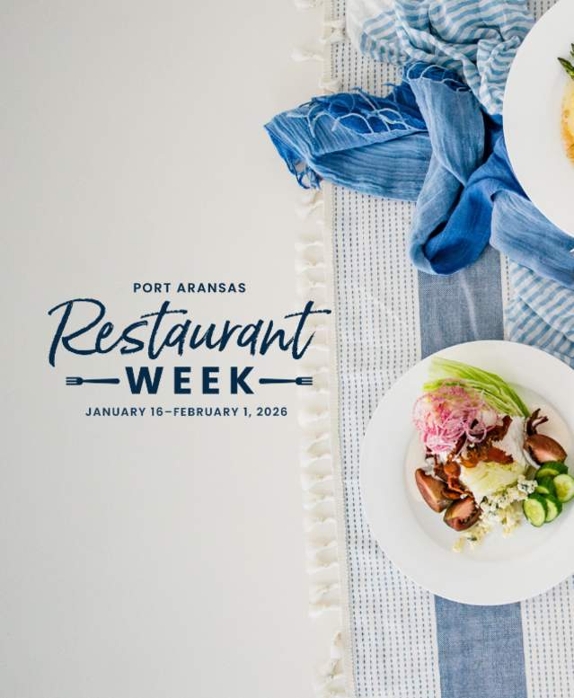 Overhead table of food with a Port Aransas Restaurant Week overlaid on the left