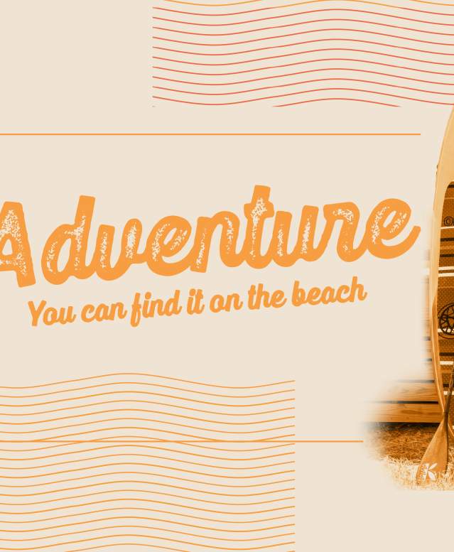 Light orange tinted banner with surf boards reads "Adventure. You can find it on the beach."