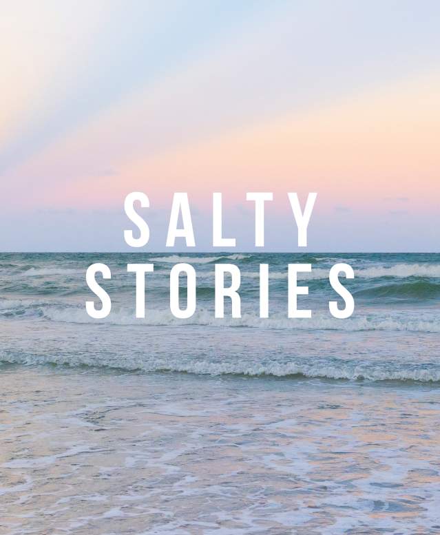 Panoramic sunset view of waves crashing on the Port Aransas beach with "Salty Stories" text.
