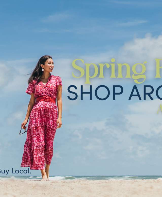 Spring Fling Shop Around 2026 flyer with a woman in a pink dress on a beach.