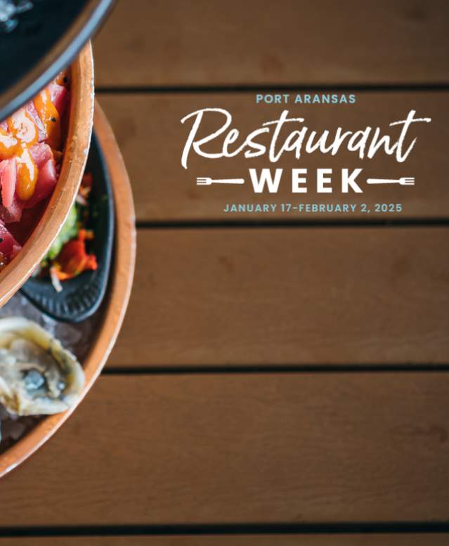 Three tier cold bar seafood platter rests on a brown wooden table. A white logo overlaid reads "Port Aransas Restaurant Week January 17–February 2, 2025"