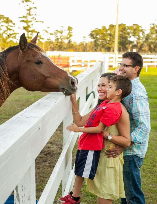 Kids with their dad feeding a horse at Tyrrell Park in Beaumont, TX