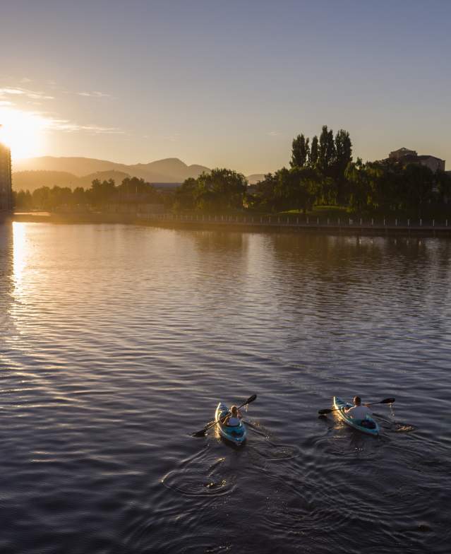 Kayaks on the lake in downtown Kelowna
