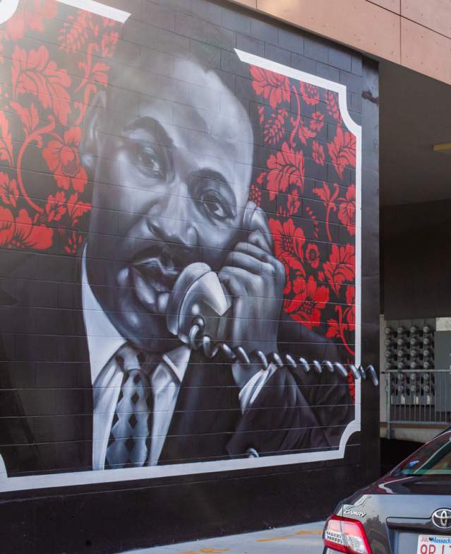 Mural in Roxbury Depicting MLK Speaking on a Phone