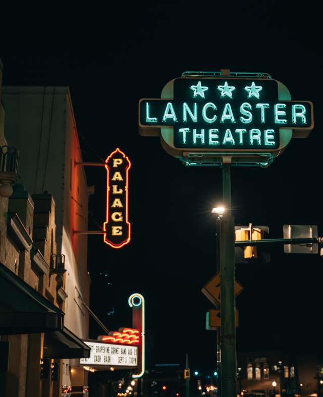 Palace and Lancaster Theater neon signs
