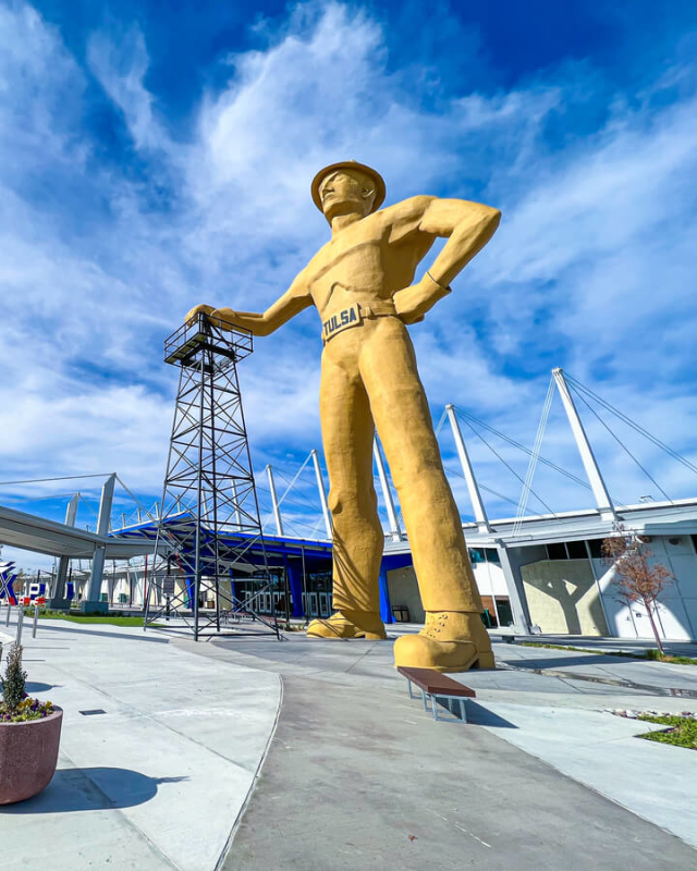 Tulsa's Golden Driller standing outside of Expo Square