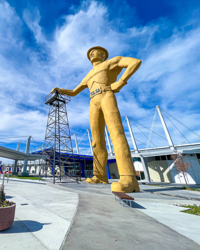 Tulsa's Golden Driller standing outside of Expo Square