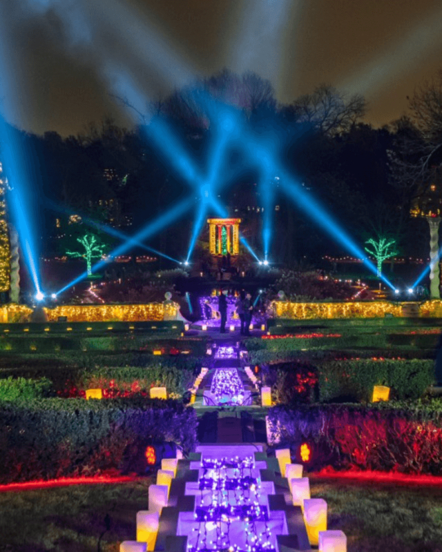 Holiday lights on display in the garden at Philbrook Festival