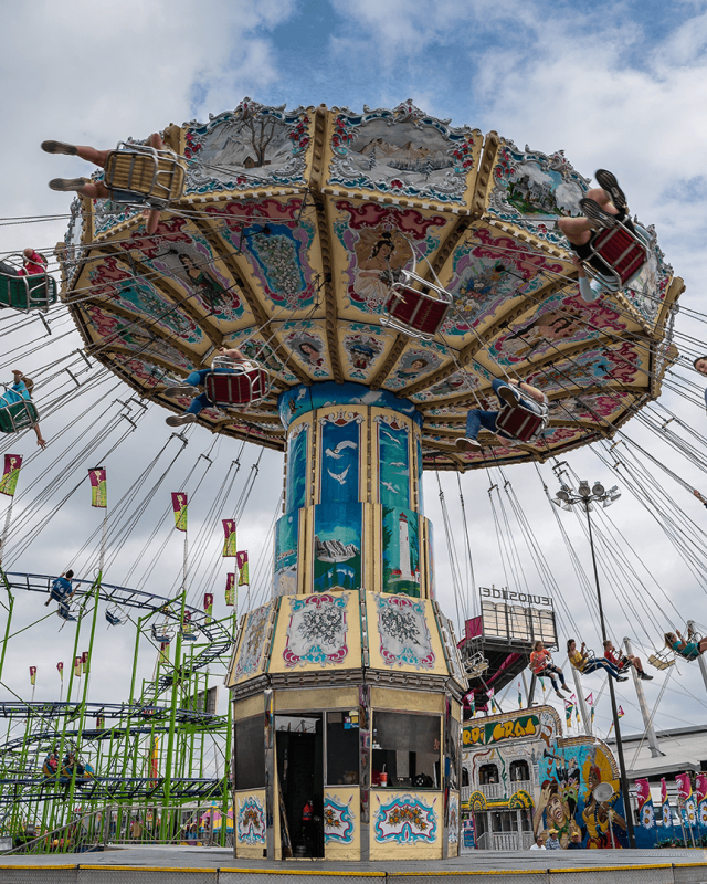 A swing ride in action at the Tulsa State Fair