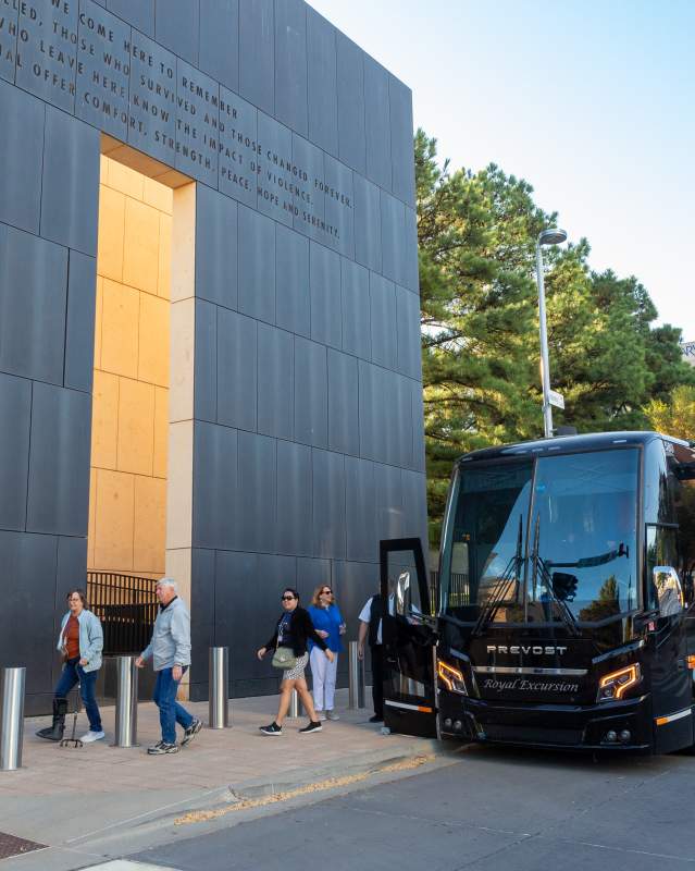 Motorcoach group getting off the vehicle at Oklahoma City National Memorial & Museum