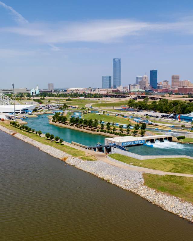 Skyline view of downtown OKC and the Oklahoma River