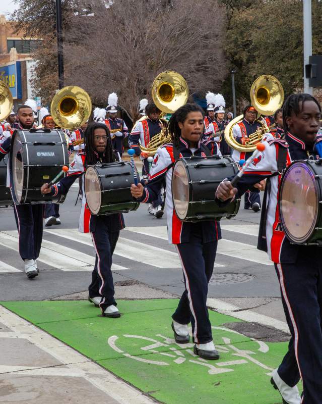 Drumline playing drums in the MLK Parade in OKC