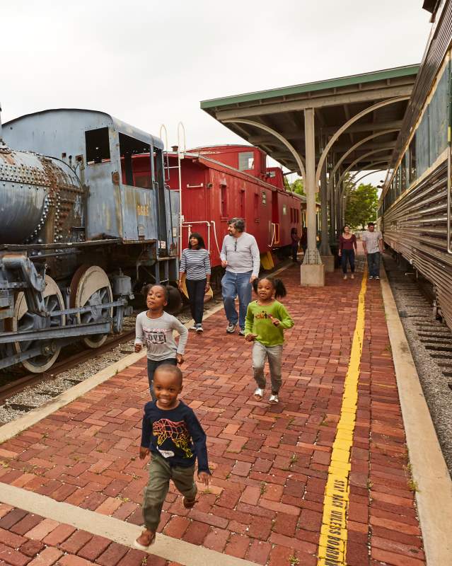 A family explores the exhibits at the Oklahoma Railway Museum