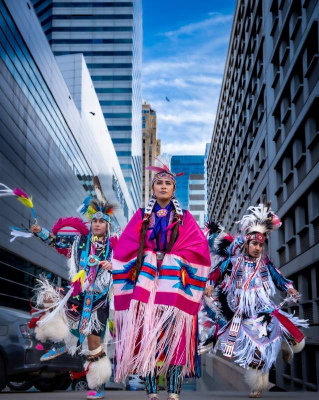 Fancy Dancers posing on streets of Downtown OKC