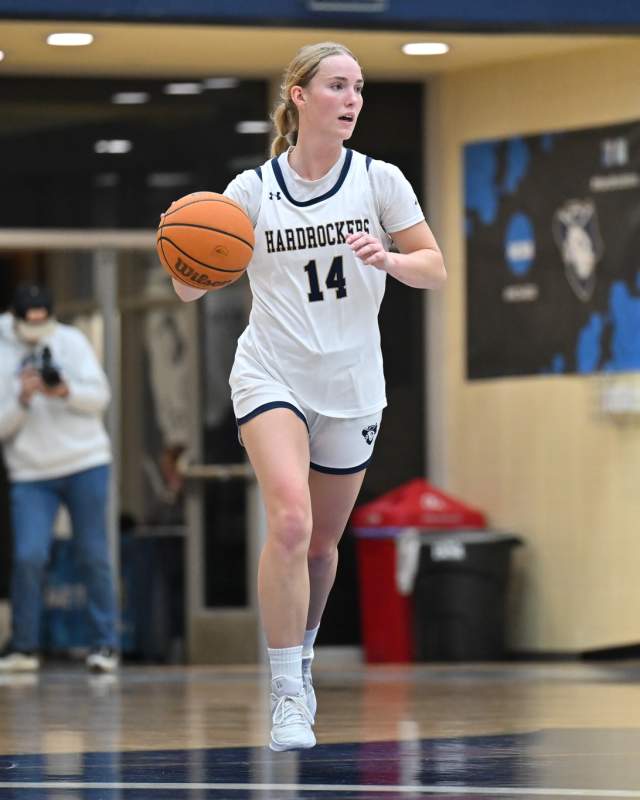 A girl in a white Hardrockers jersey dribbled the ball up the floor. A blue padded end wall is visible in the background.