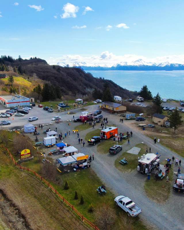 food trucks parked at baycrest in Homer Alaska overlooking Kachemak Bay