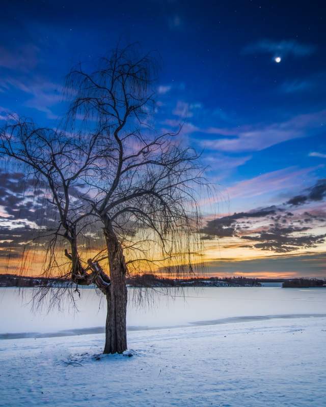 Blue marsh lake during the winter with snow on the ground during sunrise