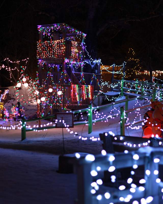 Play ground covered in christmas lights at storybook island's christmas nights of light event in rapid city, sd