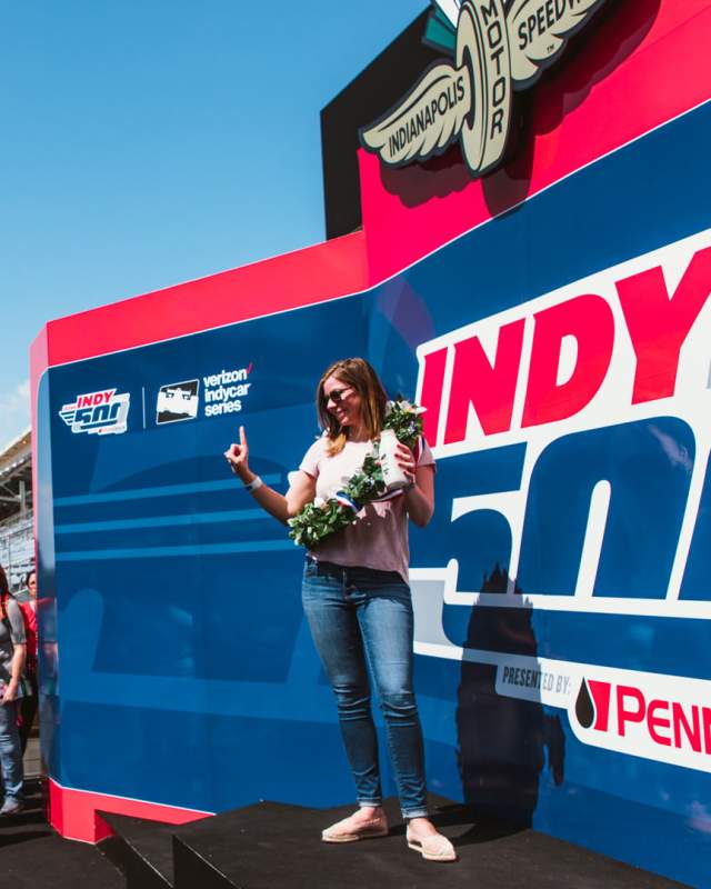 Photo ops on Victory Podium at the Indianapolis Motor Speedway are popular for attendees