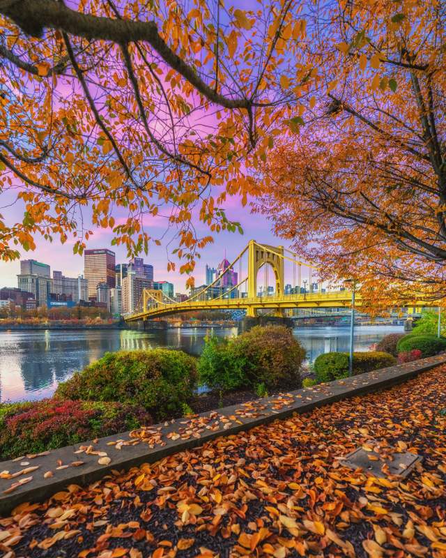 Fall leaves on a walking path with a yellow bridge and river in the background