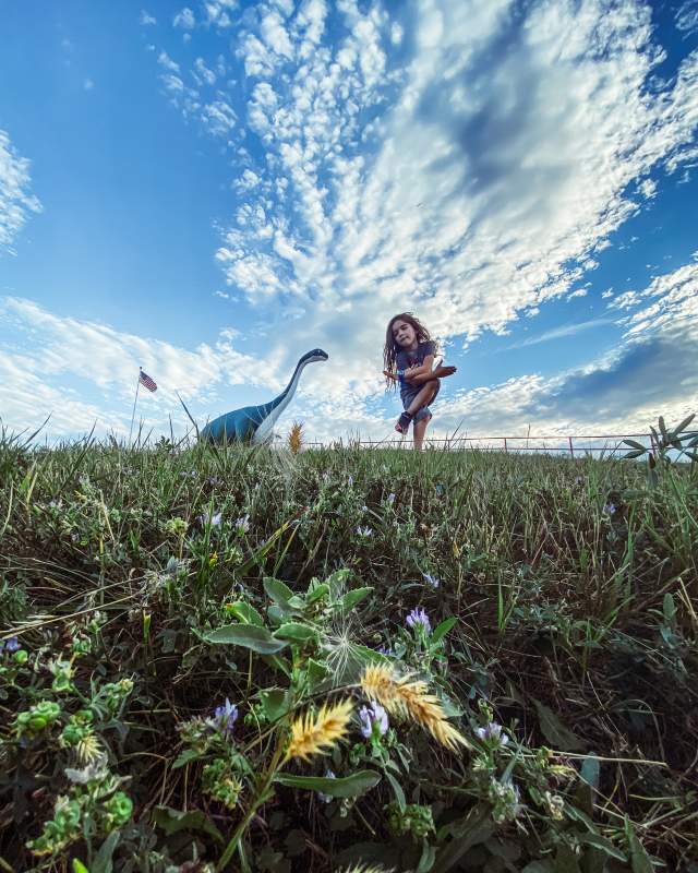 Little boy at dinosaur park in Rapid City standing in the green grass with blue sky above.