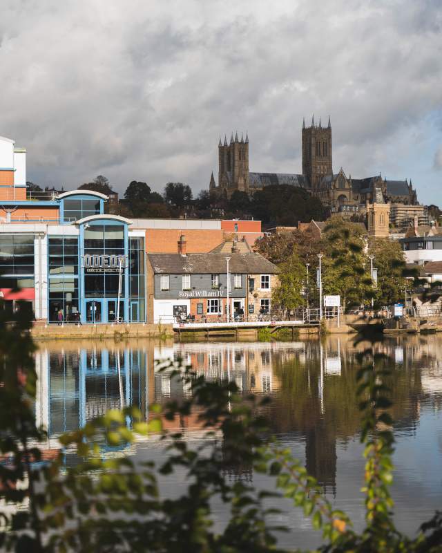 A view across the Brayford Waterfront, with Lincoln Cathedral in the background