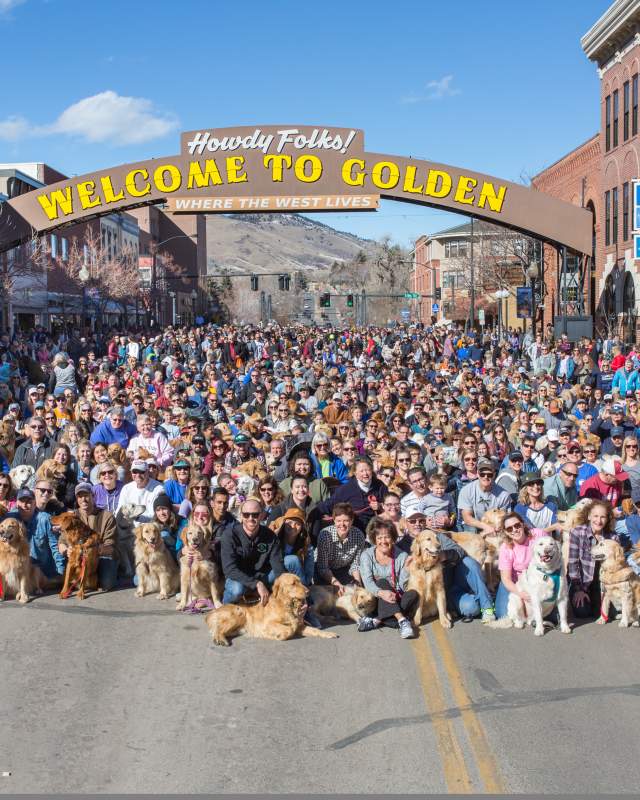 Golden retrievers and owners gather under "Welcome to Golden" Arch
