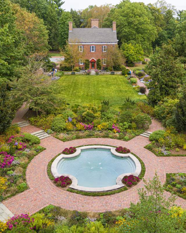 An aerial view of Mt. Cuba Center and its gardens.